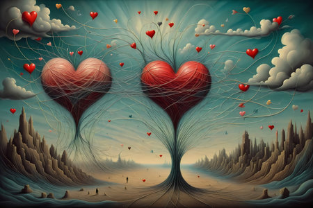 Valentines day background with hearts and clouds in the sky.の写真素材