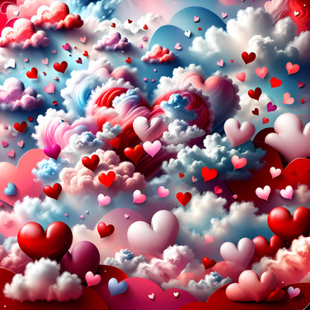 Valentines day background with hearts and clouds. 3D illustrationの写真素材