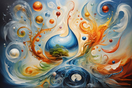 abstract background with blue, orange and yellow swirls and tree