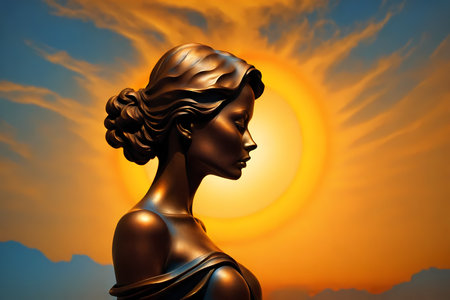 Statue of a beautiful woman on the background of the sun.の写真素材