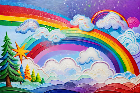 Rainbow in the blue sky with clouds and star. Vector illustration.の写真素材