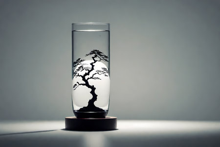 Glass of water with a tree in the middle. Conceptual image.の写真素材