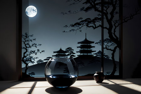 Chinese traditional landscape with moonlight and a glass vase on the windowsillの写真素材
