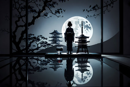 Silhouette of Japanese woman in front of the templeの写真素材