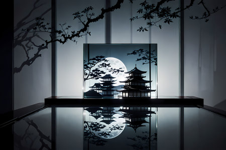 Chinese pavilion with moon and tree in the dark. 3D rendering