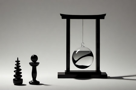 glass pendulum and black stones on a gray background. 3d rendering