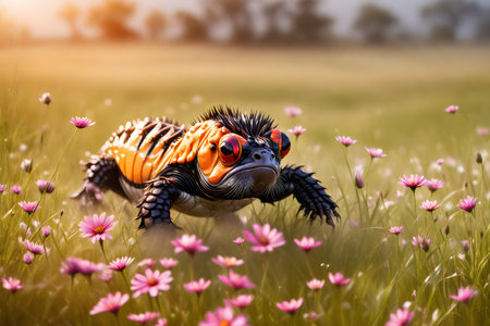 Cute caterpillar in the meadow with pink flowers at sunsetの写真素材