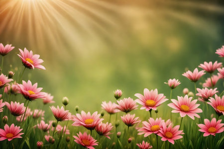 Pink daisies in the meadow with sun ray effect.の写真素材