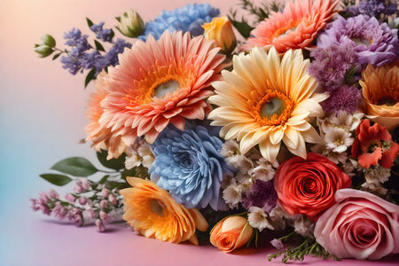 Beautiful bouquet of colorful flowers on a pink background, close upの写真素材