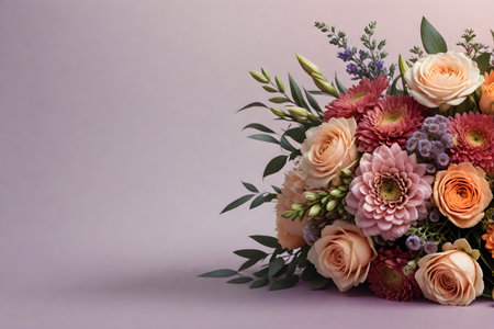 Beautiful bouquet of different flowers on a purple background.の写真素材
