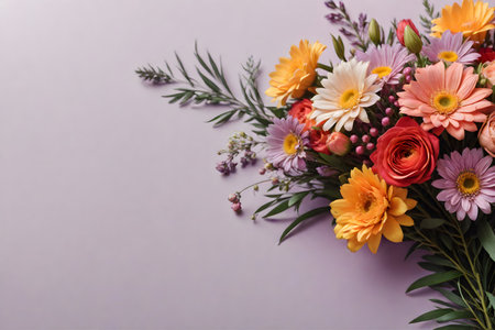 Bouquet of colorful flowers on purple background. Flat lay, top view.の写真素材