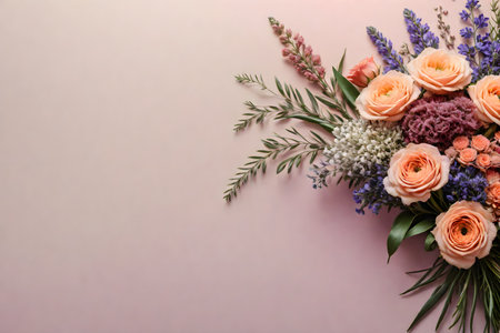 Beautiful bouquet of different flowers on color background, top viewの写真素材