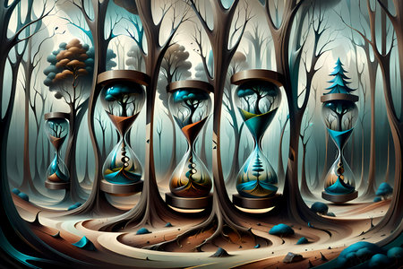 Conceptual 3D illustration of abstract tree and sand clock backgroundの写真素材