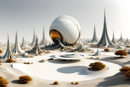 3D rendering of an alien planet in the desert with a futuristic backgroundの写真素材