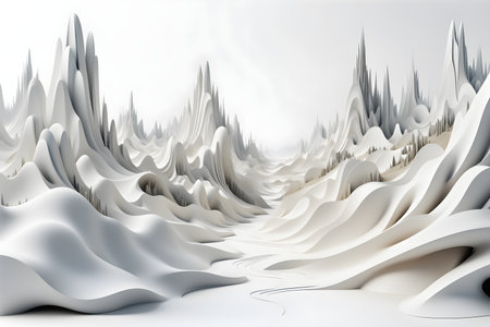 Abstract 3d rendering of winter landscape with snow-covered hills.
