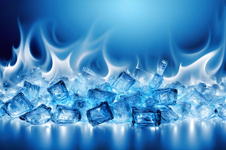 Ice cubes with fire on blue background. 3d illustration. Copy space.の写真素材