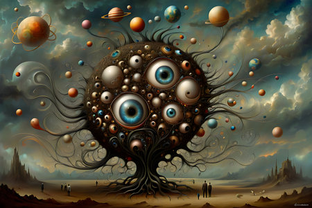 Mystical landscape with fantastic planet and fantastic alien creature. 3D rendering