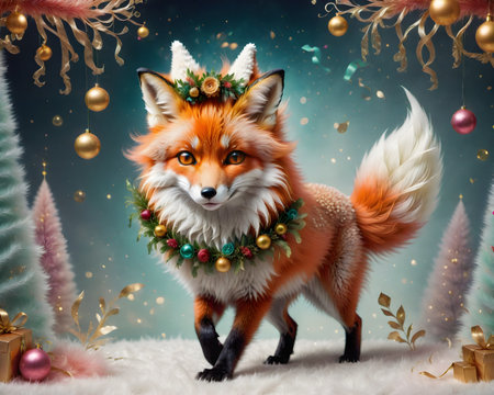 Cute fox with christmas wreath. Christmas and New Year background.の写真素材