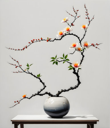 Bonsai tree in vase on a white wall background.の写真素材