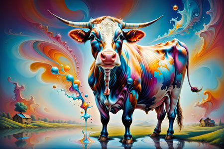 Cow in the meadow. Colorful background. Digital painting.の写真素材