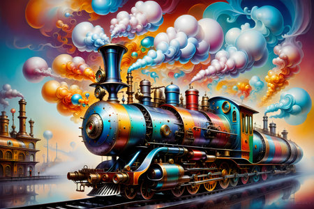 Steam locomotive with colorful smoke and clouds. 3D illustration.の写真素材