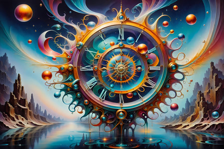 Vintage clock in a surreal fantasy landscape. 3D illustration.