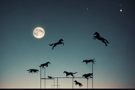 Horses jumping over a fence against the background of the moon.の写真素材