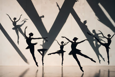 Silhouettes of beautiful ballerinas dancing in a dance studioの写真素材