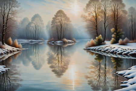 Beautiful winter landscape with lake and forest at sunset. Digital painting.の写真素材