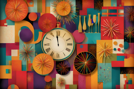 New Year's Eve background with clock and fireworks. Vector illustration.
