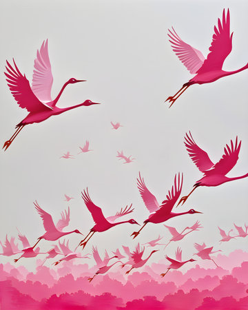 Pink flamingos flying in the sky. Vector illustration. Eps 10.の写真素材