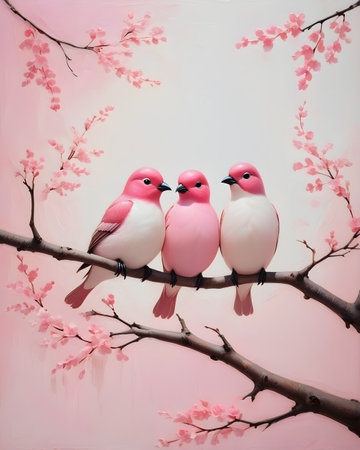 Beautiful pink birds on the branch with sakura flowers background.の写真素材