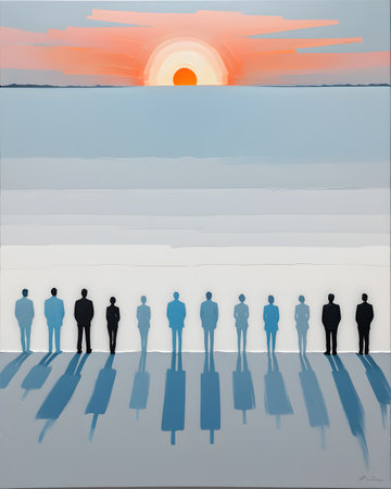 Silhouette of a group of people standing in front of a sunset