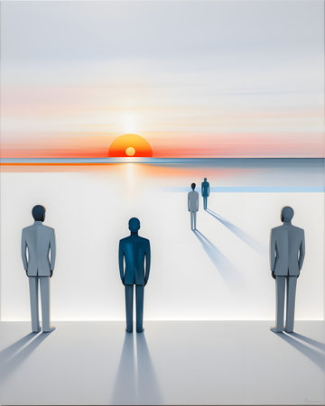Business people standing in front of the sea at sunset. 3D rendering