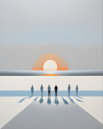 Business people silhouettes on the beach at sunset. Vector illustration.の写真素材