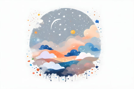 Abstract watercolor background with clouds, moon and stars. Vector illustration.の写真素材