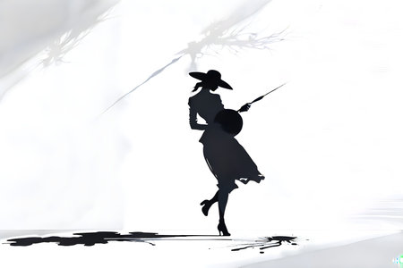 Silhouette of a girl in a hat with a sword in her hand.の写真素材