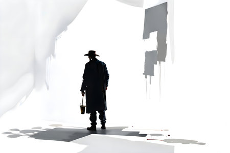 Silhouette of a man in a coat and hat with a bucket of paint