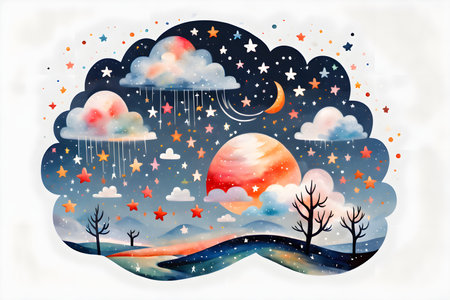 Fantasy landscape with clouds, stars and moon. Vector illustration.の写真素材