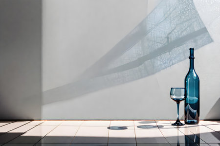 Wine bottle and glass on the floor with shadow on the wallの写真素材