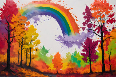 Watercolor autumn landscape with trees and rainbow. Hand painted illustration.の写真素材