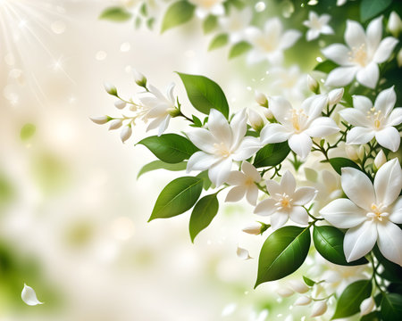 Close up of beautiful jasmine flowers with bokeh backgroundの写真素材