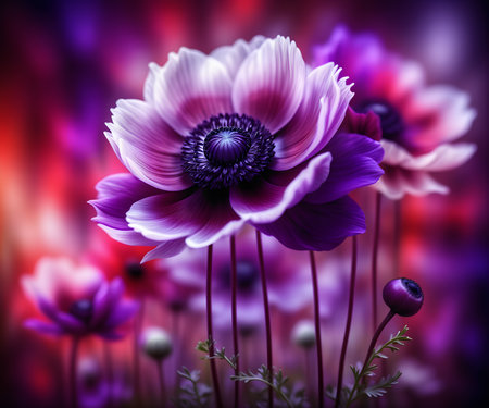 purple anemone flower on blurred background, abstract floral artの写真素材