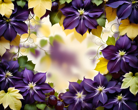 Background with clematis flowers and leaves. Place for your text.の写真素材