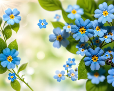 Close up of forget-me-not flowers with bokeh backgroundの写真素材