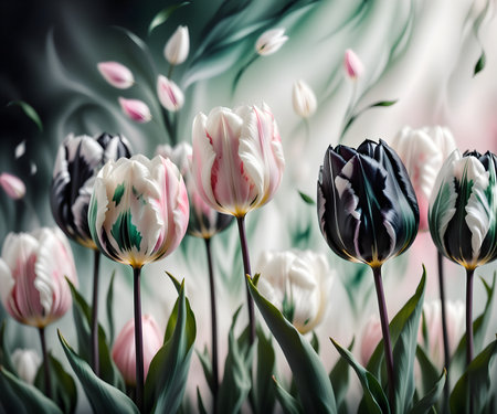 White and pink tulips on green background. Toned image.の写真素材