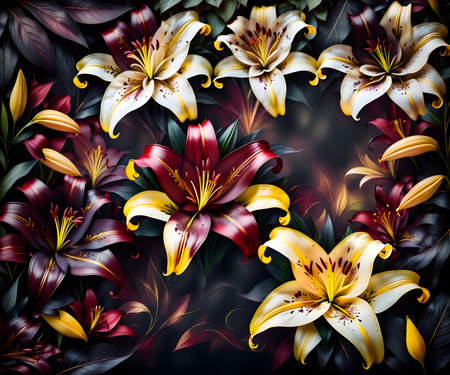 Beautiful lily flowers on a dark background. Vector illustration.の写真素材