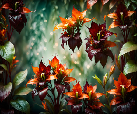 Floral background with red and orange lily flowers and bokehの写真素材