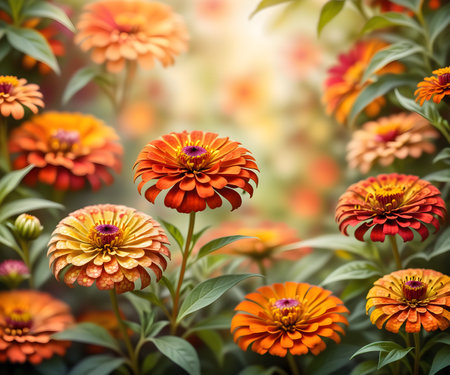 Zinnia flower blooming in the garden with bokeh backgroundの写真素材