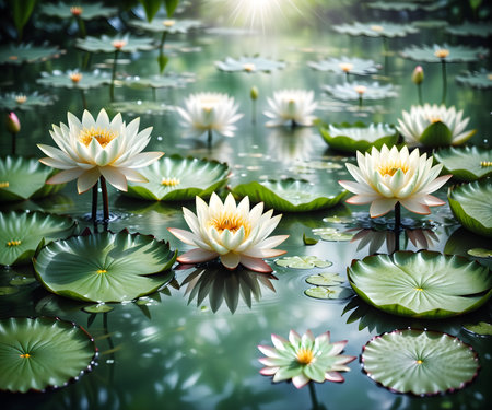 White lotus flower in the pond with sunlight. Nature background.の写真素材